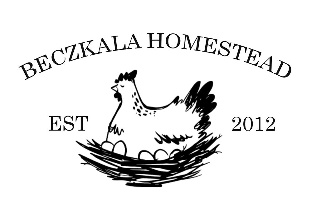 Black and white logo featuring a sketched hen sitting in a nest for Beczkala Homestead established in 2012.
