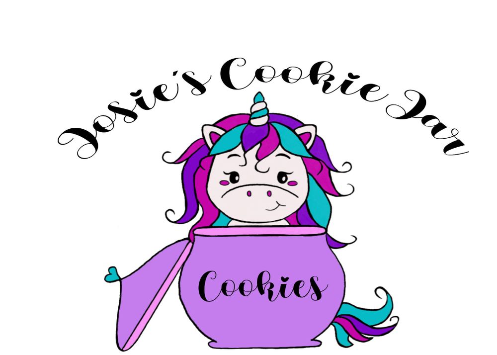 Cute cartoon unicorn character in purple and blue colors peeking out of a cookie jar.