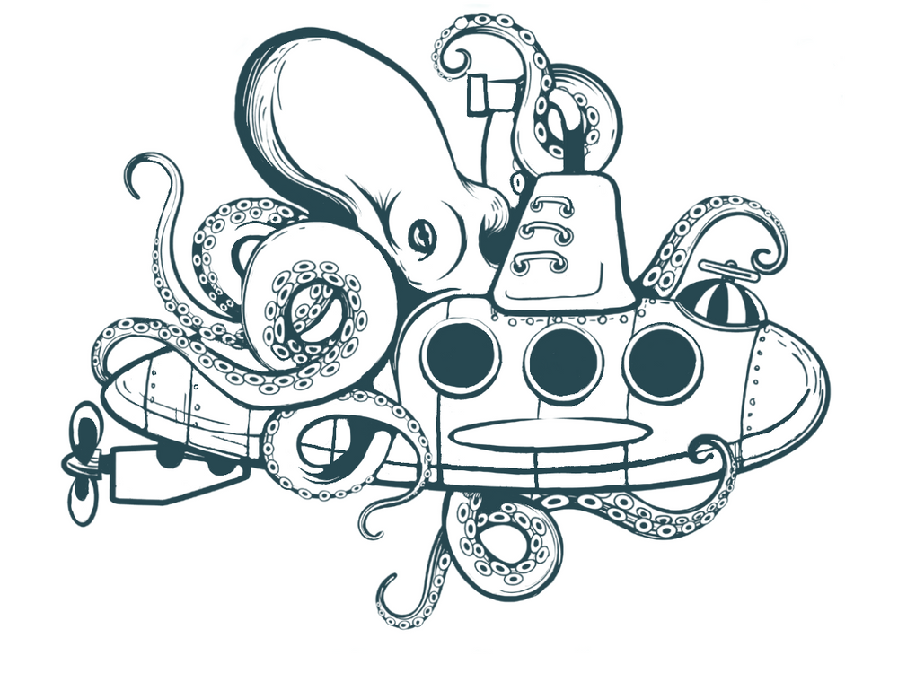 Vintage style sketch of an octopus wrapped around a submarine with nautical elements.