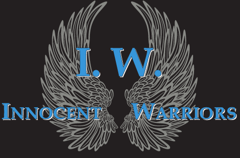 Logo design featuring spread wings and text reading 'I.W. Innocent Warriors' in blue on black background.