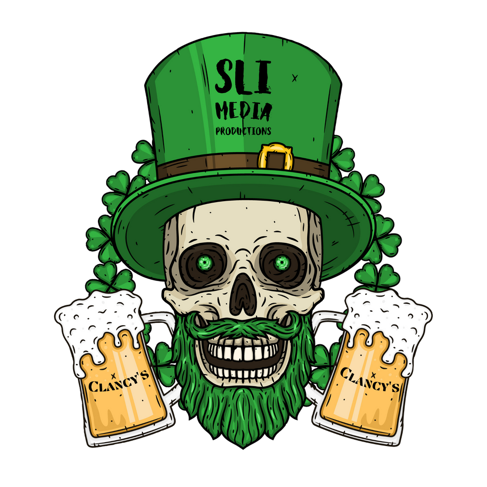 St. Patrick's Day themed skull wearing green hat and beard while holding two beer mugs.