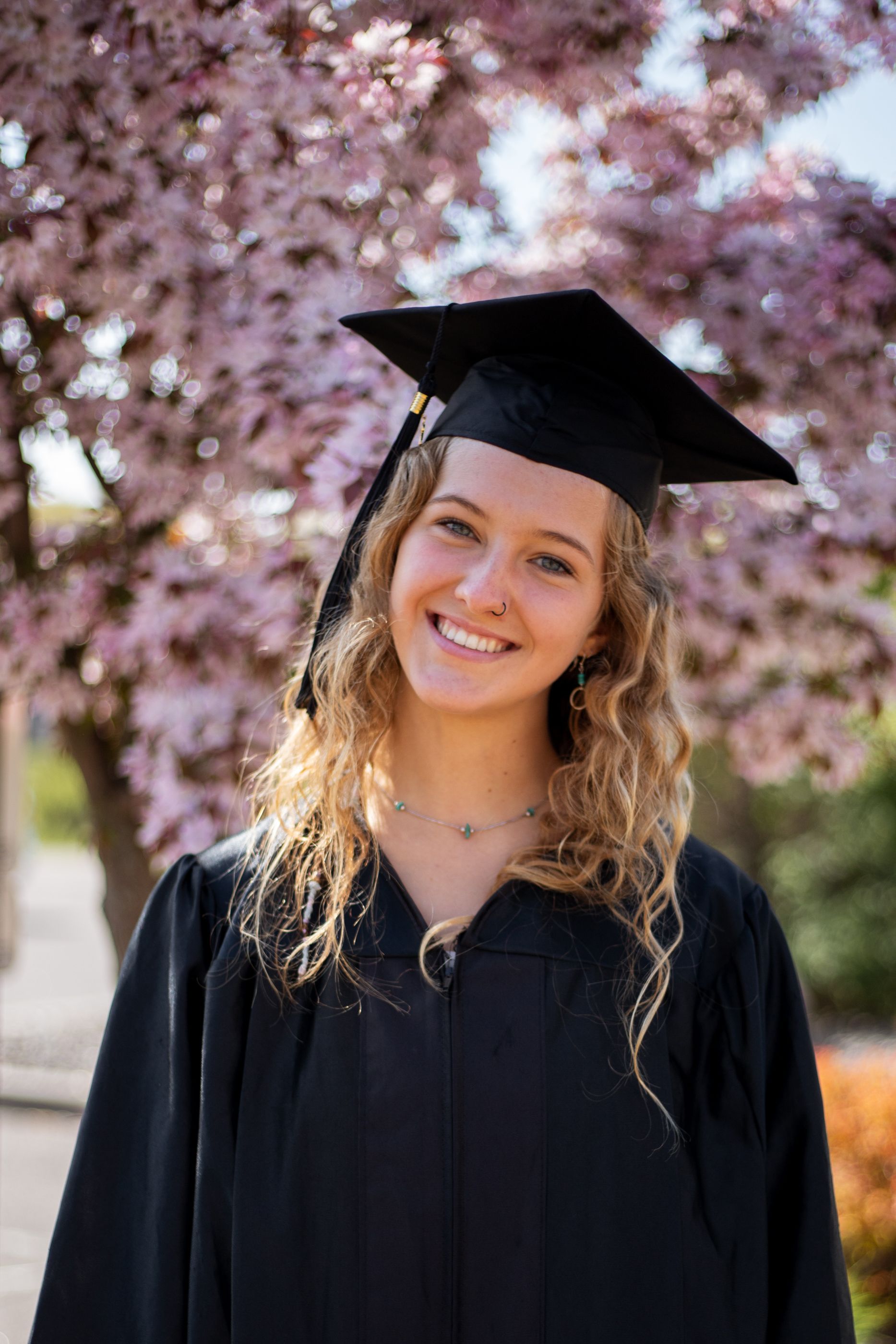 A graduation portrait with cherry blossoms in the background wearing cap and gown.
