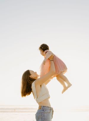 A series of playful mother-child moments captured against a bright white background.
