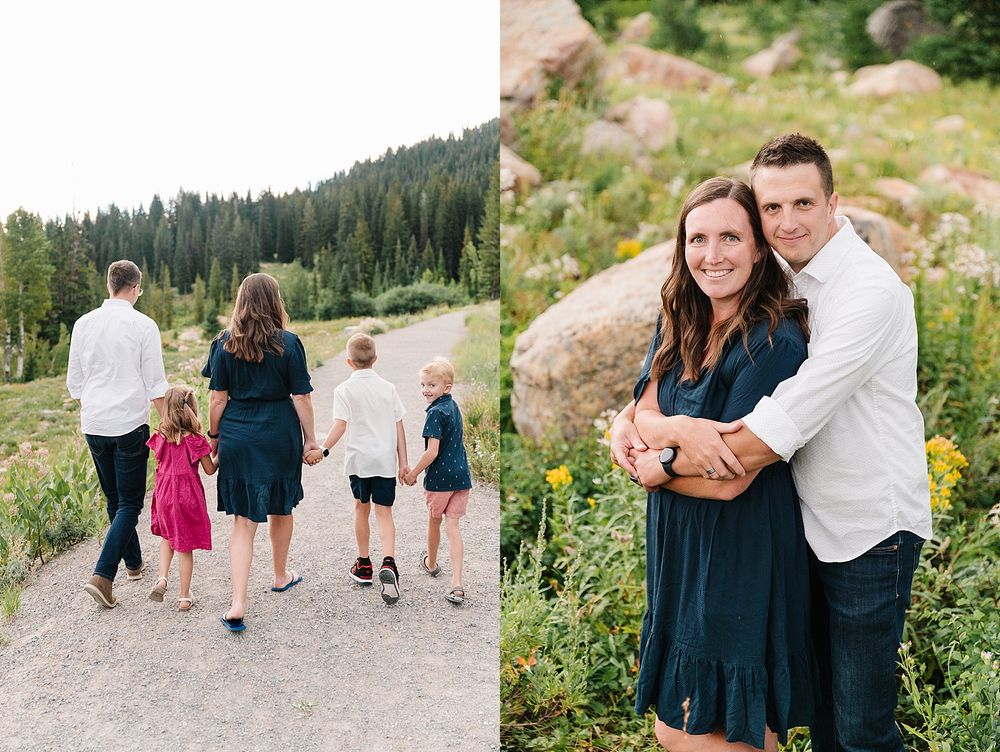 A walking scene and couple portrait in mountain wilderness with evergreen forest backdrop.
