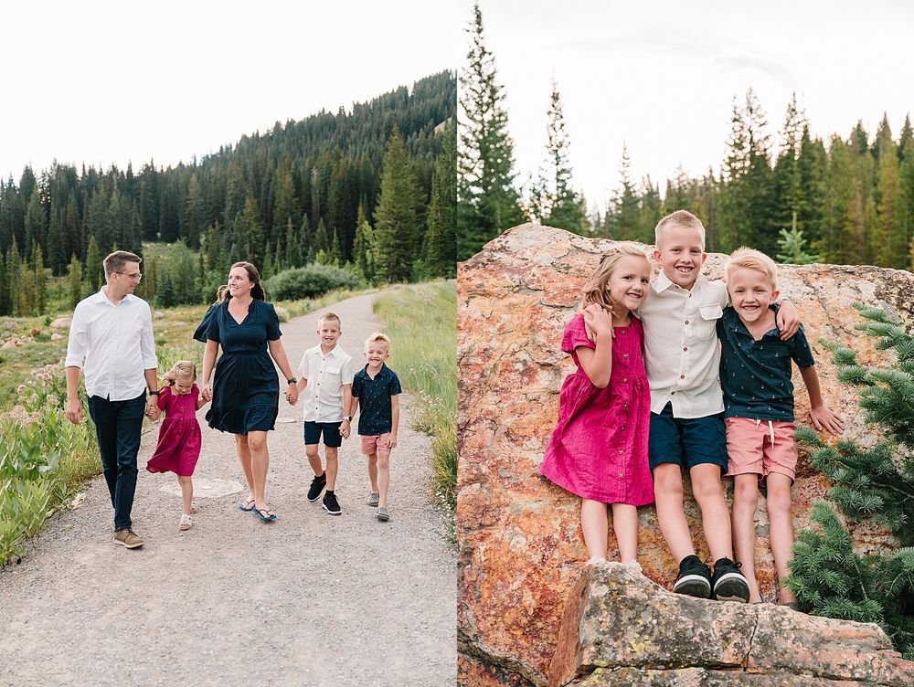 Candid family photos showing both walking on a trail and posing on red rocks in mountain scenery.