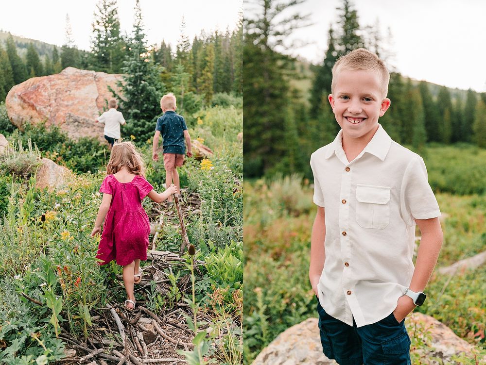 Side-by-side outdoor portraits in a mountain setting with wildflowers and red rocks.
