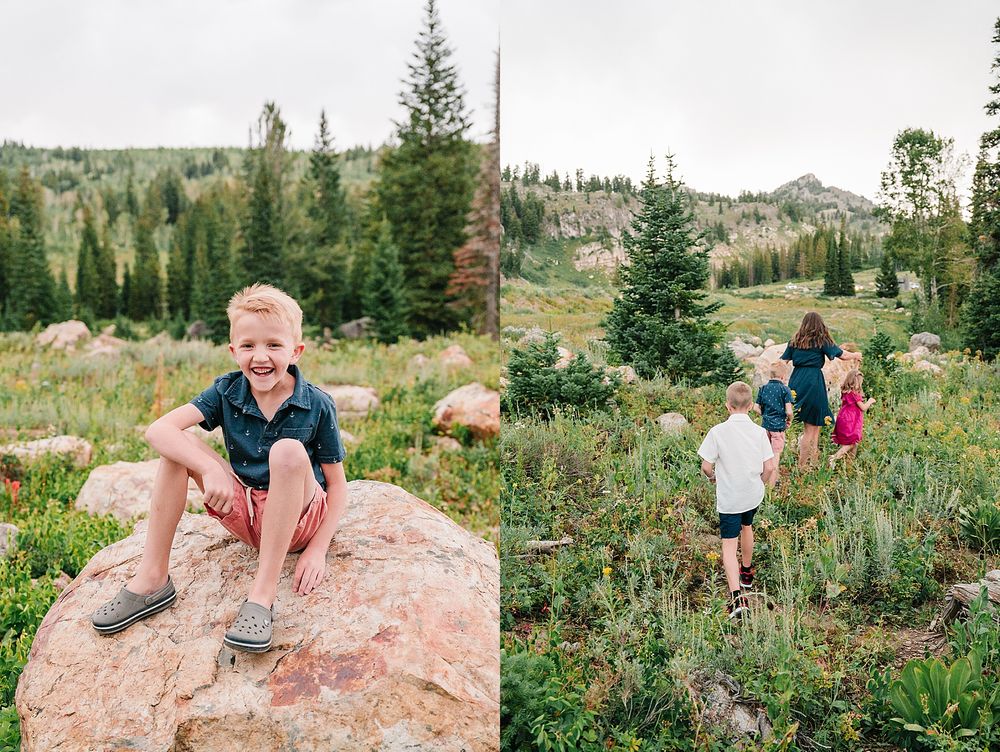 Mountain wilderness photography featuring red rocks and pine trees with children exploring nature.