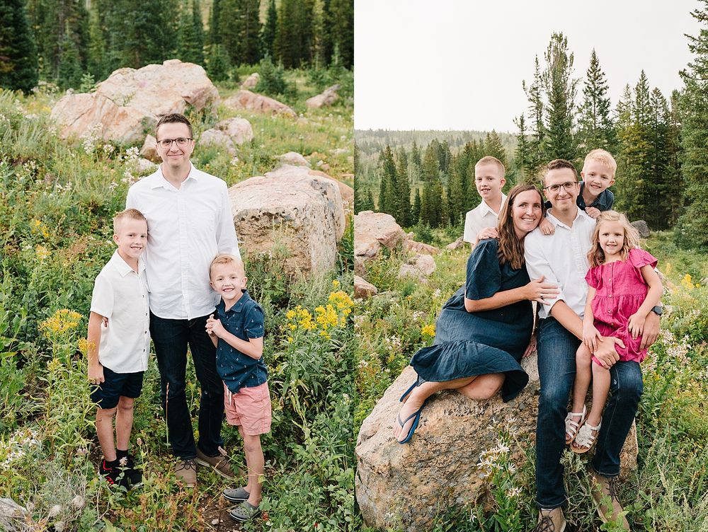 Two outdoor portrait shots of a group posing on rocky outcrops among pine trees in a mountain meadow.