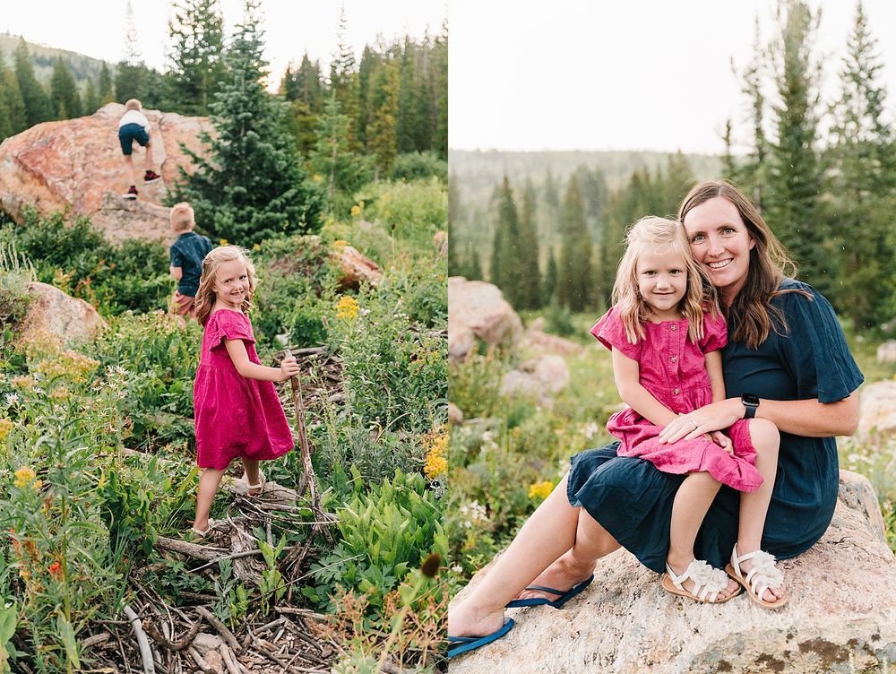 Candid mountain portraits among yellow wildflowers and evergreen trees with large rock formations.