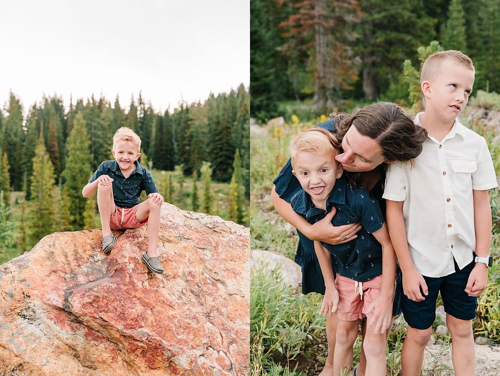 Side by side outdoor portraits showing playful interaction on red rocks surrounded by pine forest.