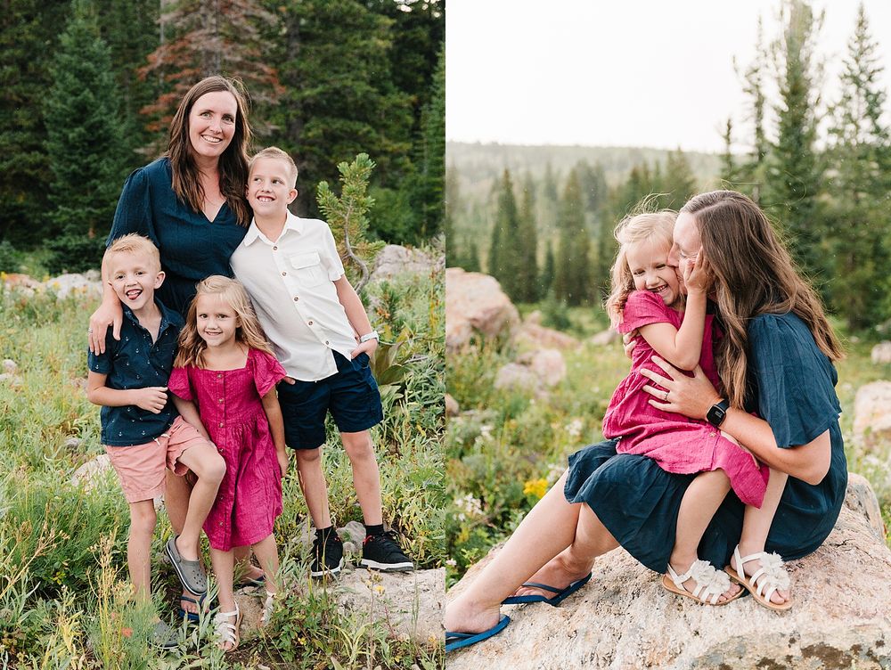 Natural outdoor portraits on mountain rocks with pine forest and wildflower meadow backdrop.