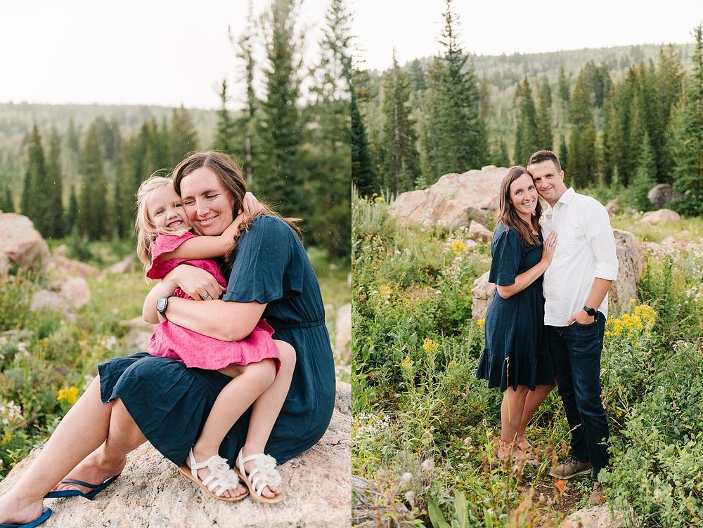 Side by side outdoor portraits showing tender moments against mountainous forest backdrop.