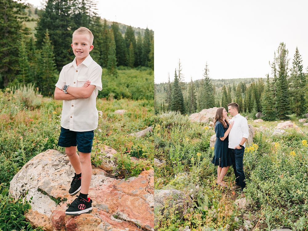 Outdoor portrait series featuring poses on red rocks with mountain forest scenery.