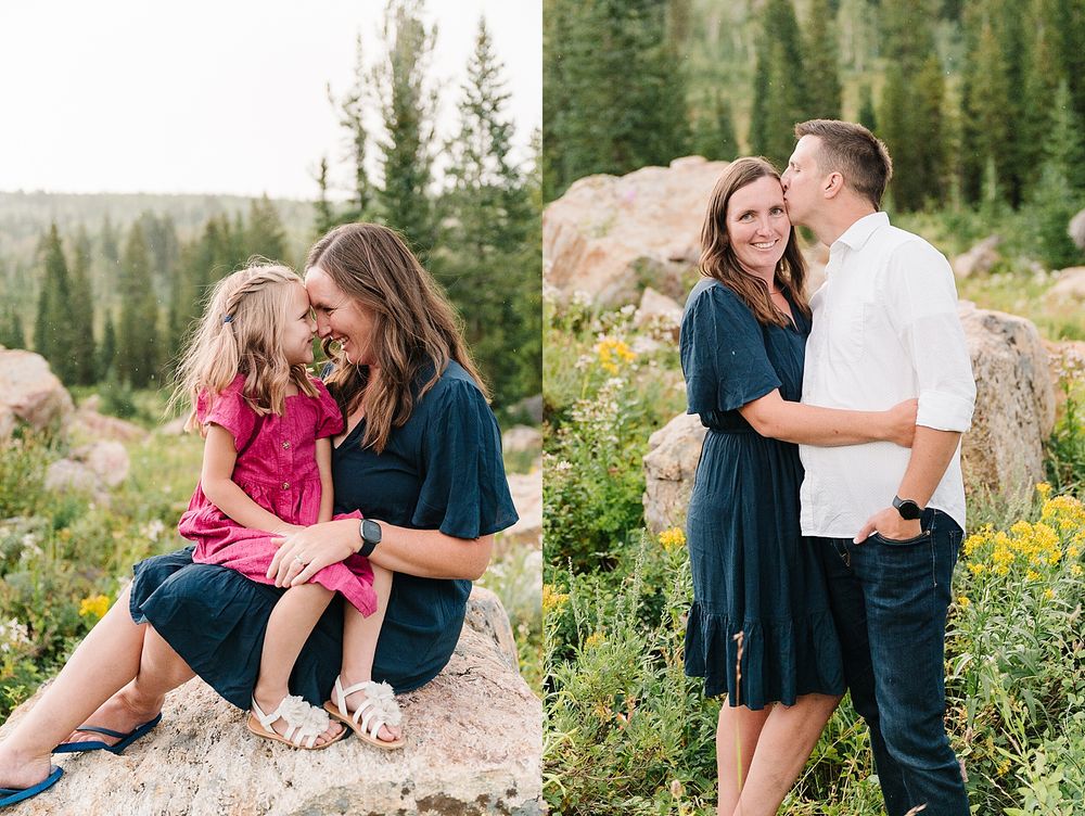 Two side-by-side outdoor portraits showing affectionate moments against a mountain backdrop.