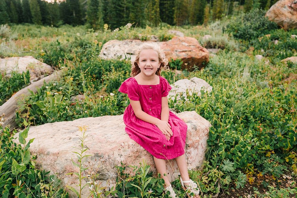 A child in a bright pink dress sits on a rocky outcrop surrounded by mountain wildflowers.