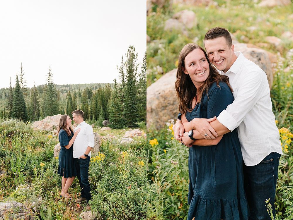 Two side-by-side romantic portraits in a mountain setting with evergreen trees in background.