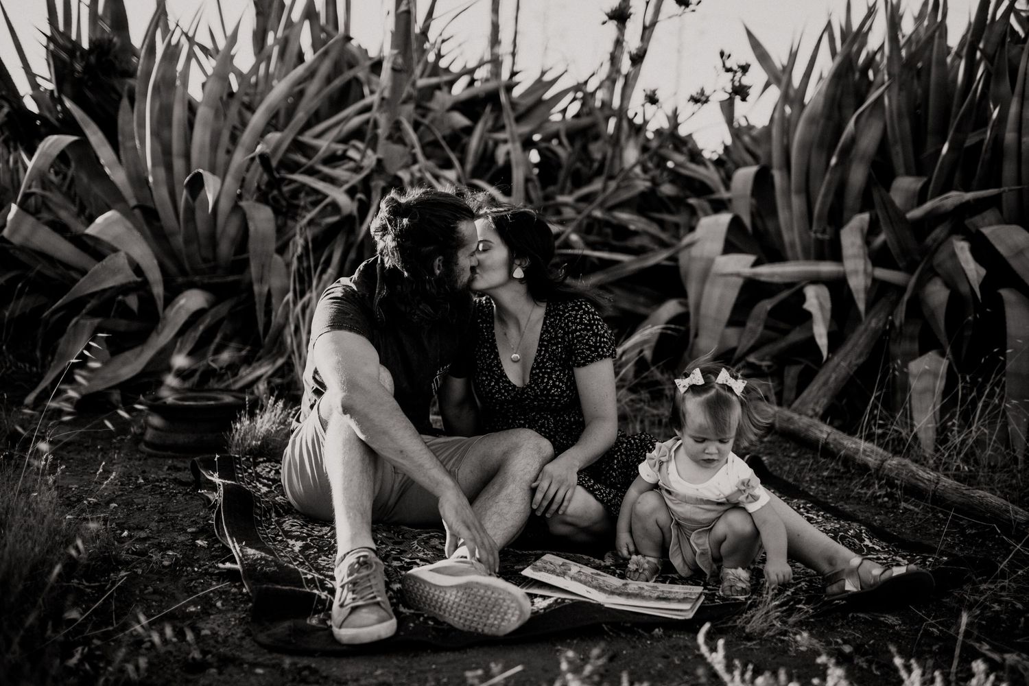 Series of candid shots showing playful moments in a garden with lush greenery.