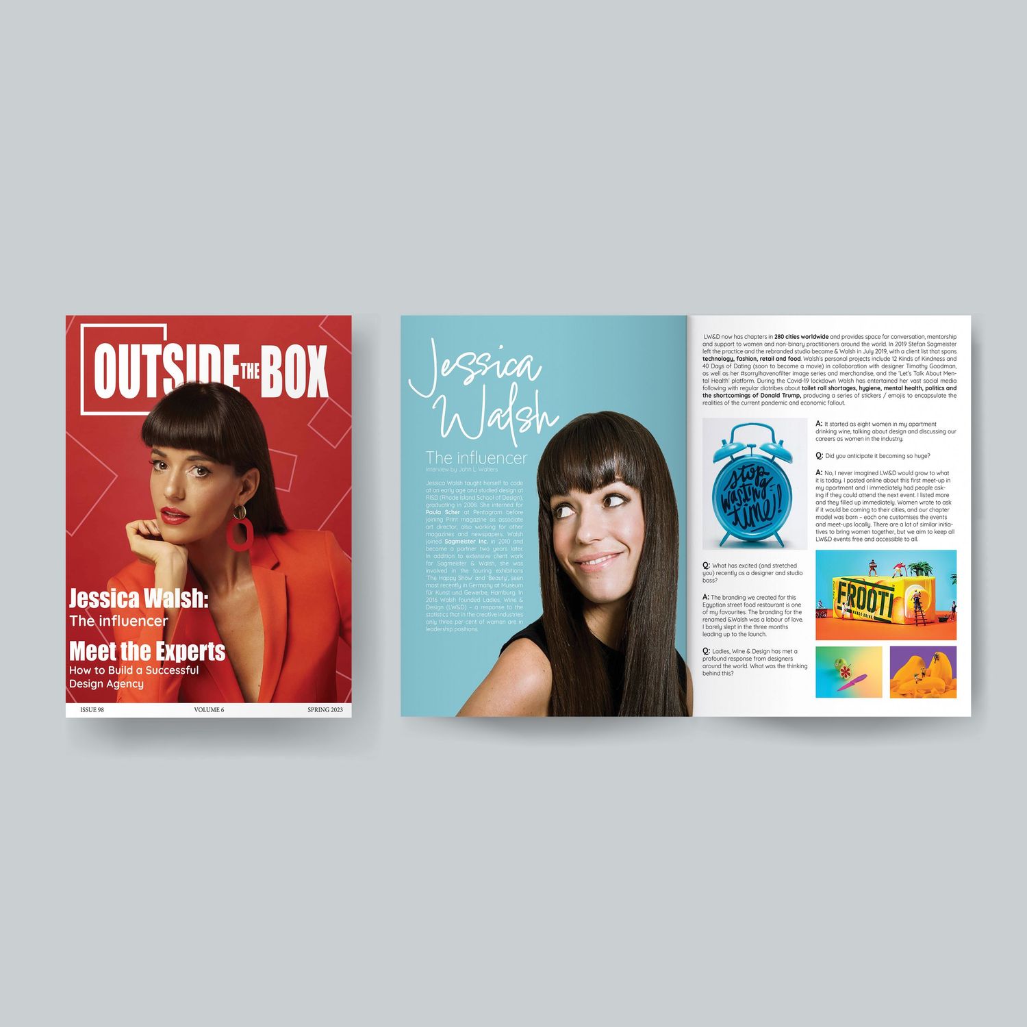 Magazine layout design featuring editorial spreads with teal and red color scheme.