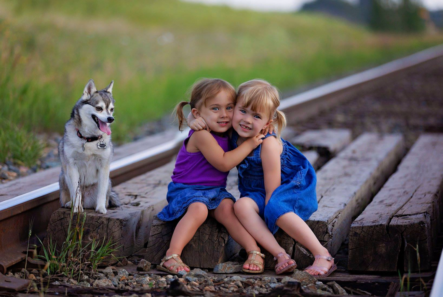 Two children laughing together on railroad tracks with a husky dog watching nearby.