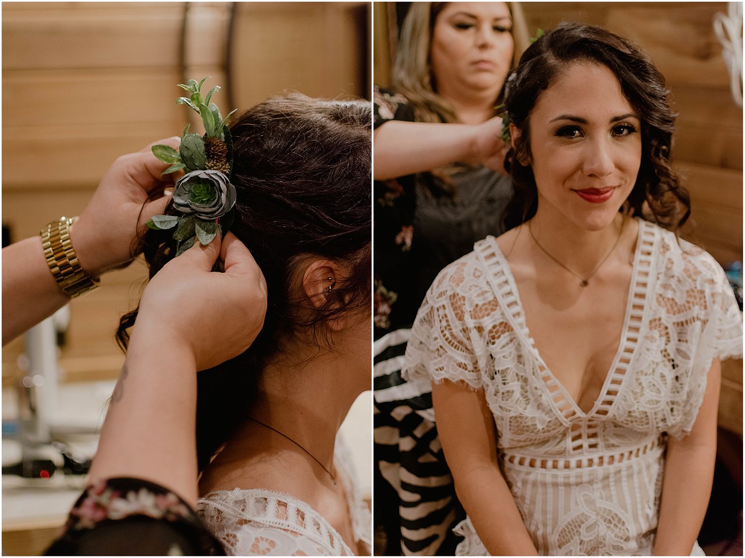 Two getting ready scenes showing wedding preparation in rustic wood-paneled room.