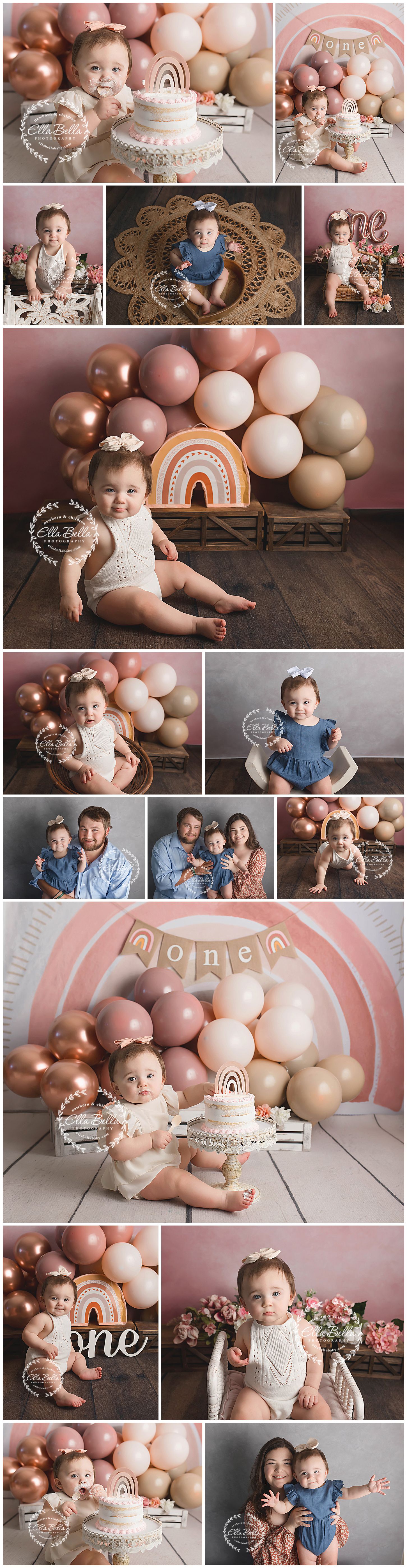 First birthday photo session with pink and rose gold balloon arch, rainbow decor, and vintage-style props.
