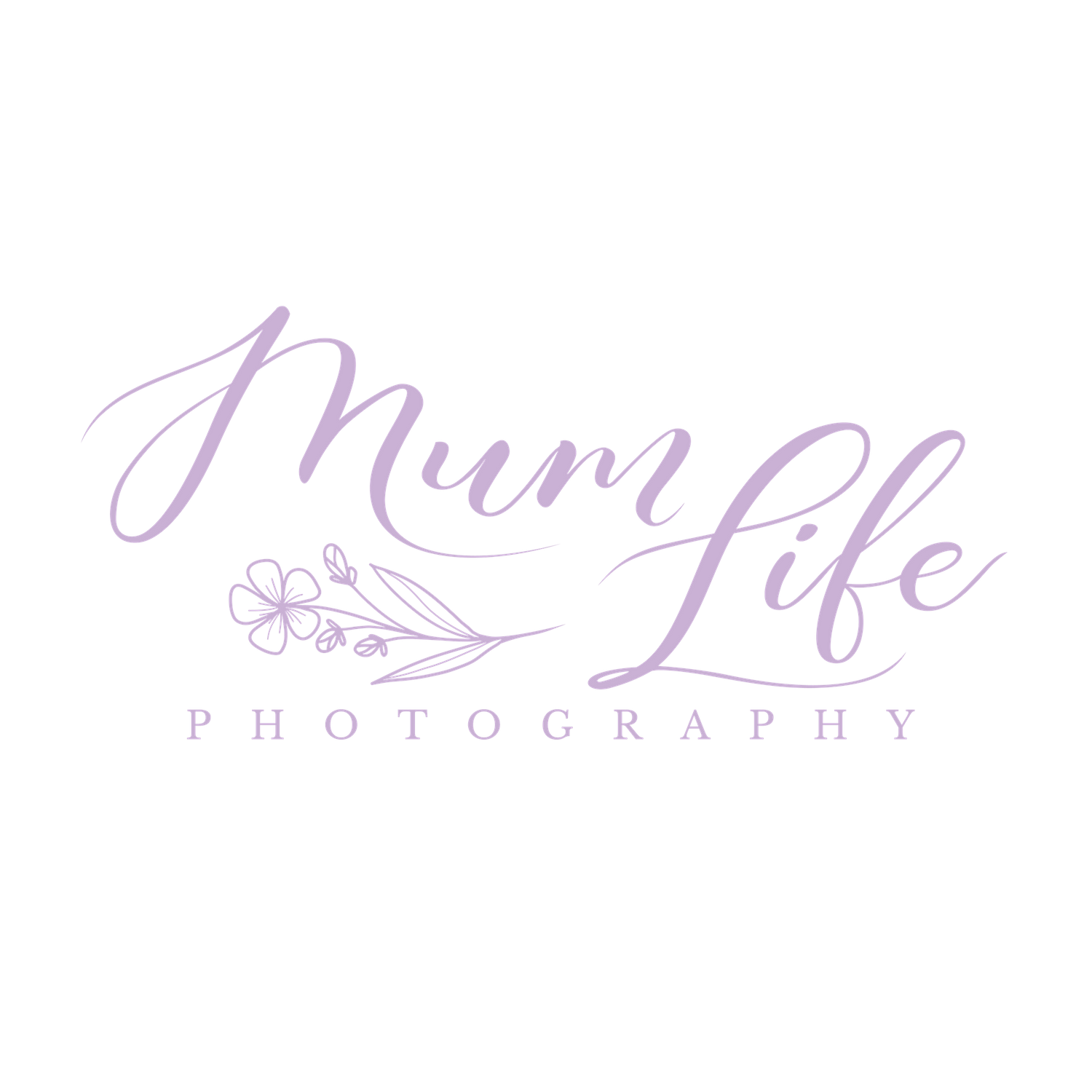 Elegant purple logo design for Mum Life Photography with cursive text and floral accent.