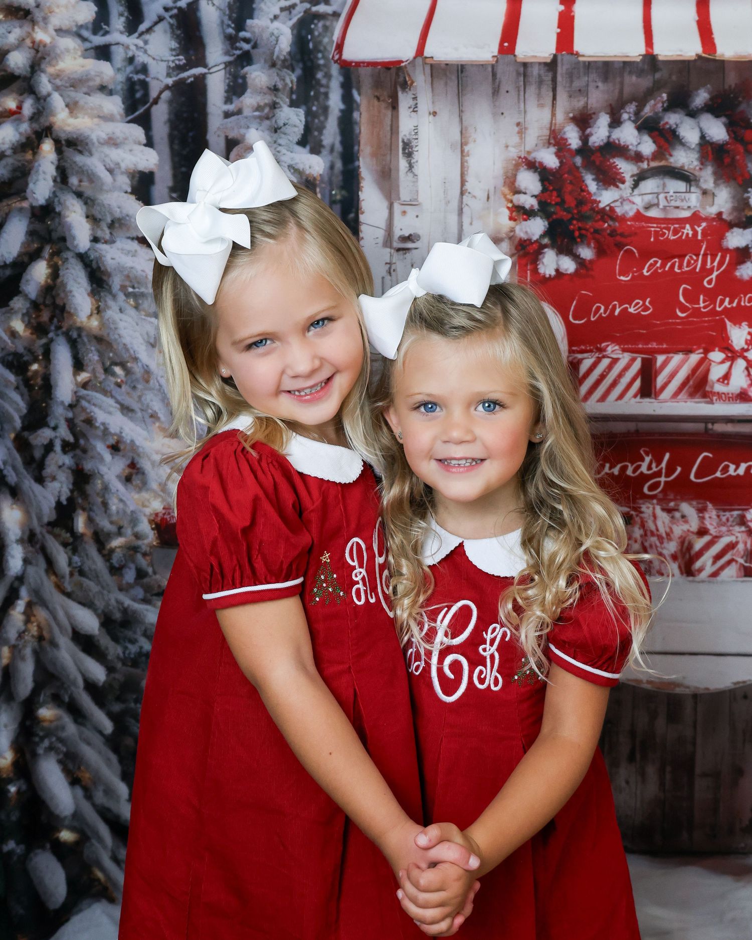Two children in matching red holiday dresses pose in front of snowy Christmas backdrop.
