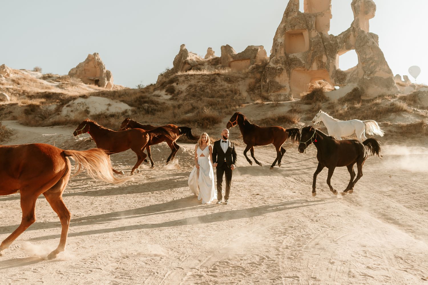 A couple poses in wedding attire as wild horses run past in a desert landscape.