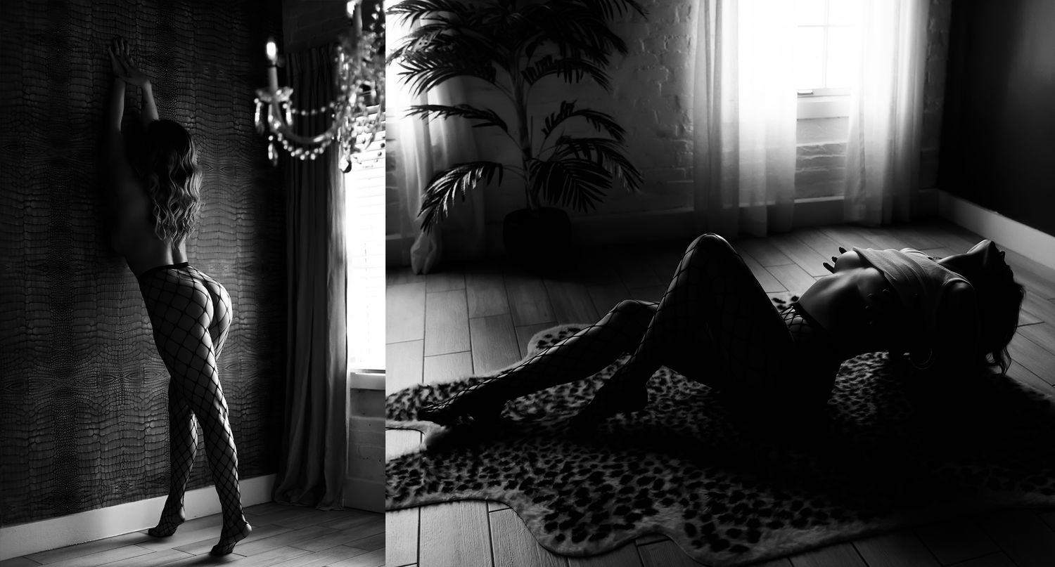 Film noir style black and white photograph showing a silhouette standing in a doorway with leopard print decor visible.