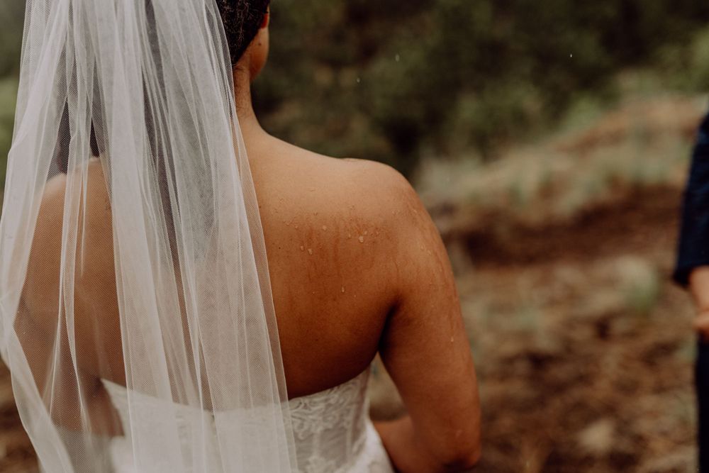Detail shot of bride's strapless wedding dress and flowing veil against natural backdrop.