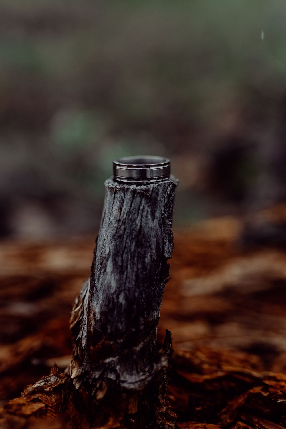 Silver wedding band sits atop weathered wooden post in artistic detail shot.