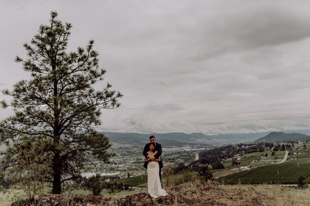 Silhouetted couple stands beside pine tree on mountain overlook during cloudy day.