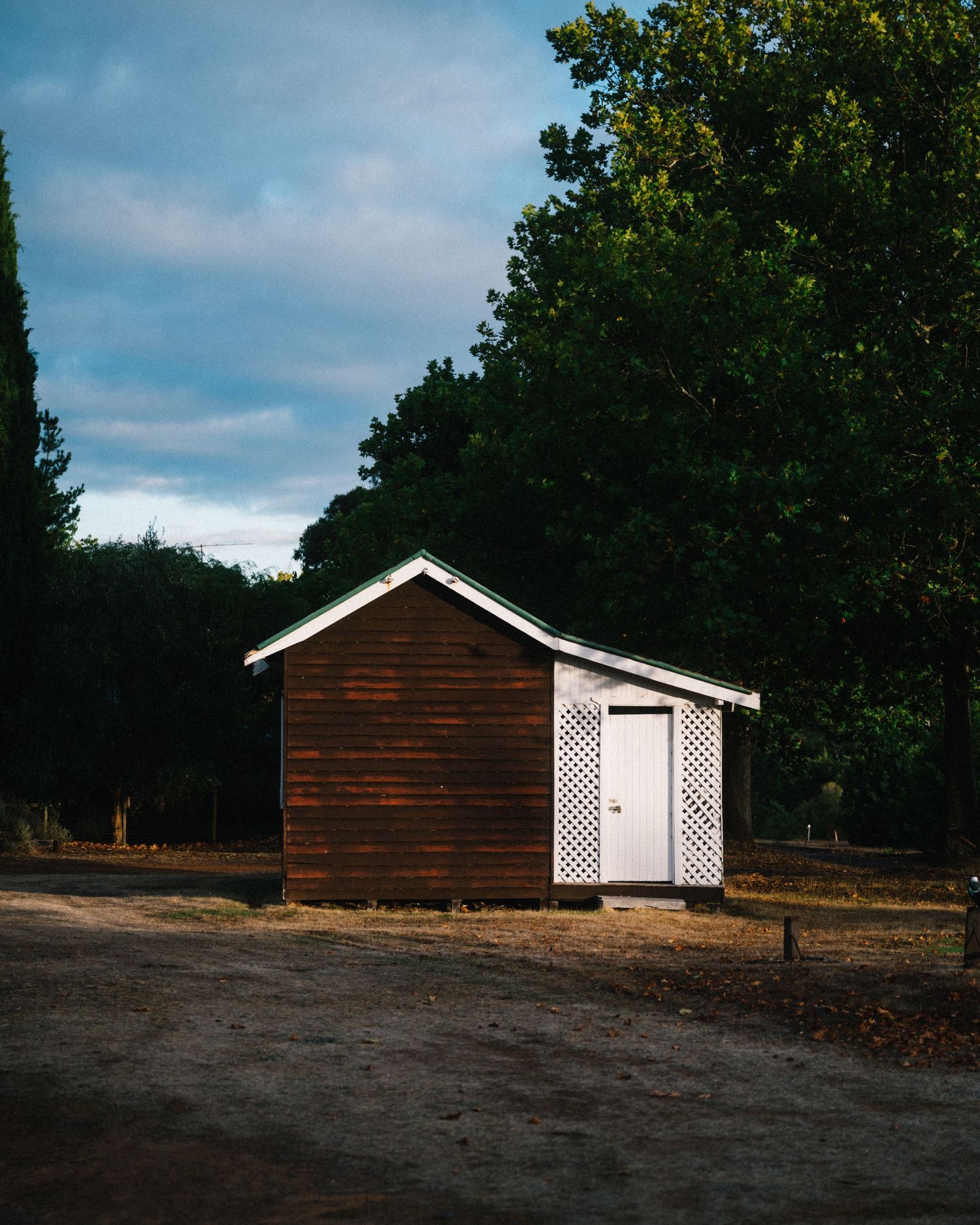 Small wooden shed with white door and lattice detail surrounded by trees.