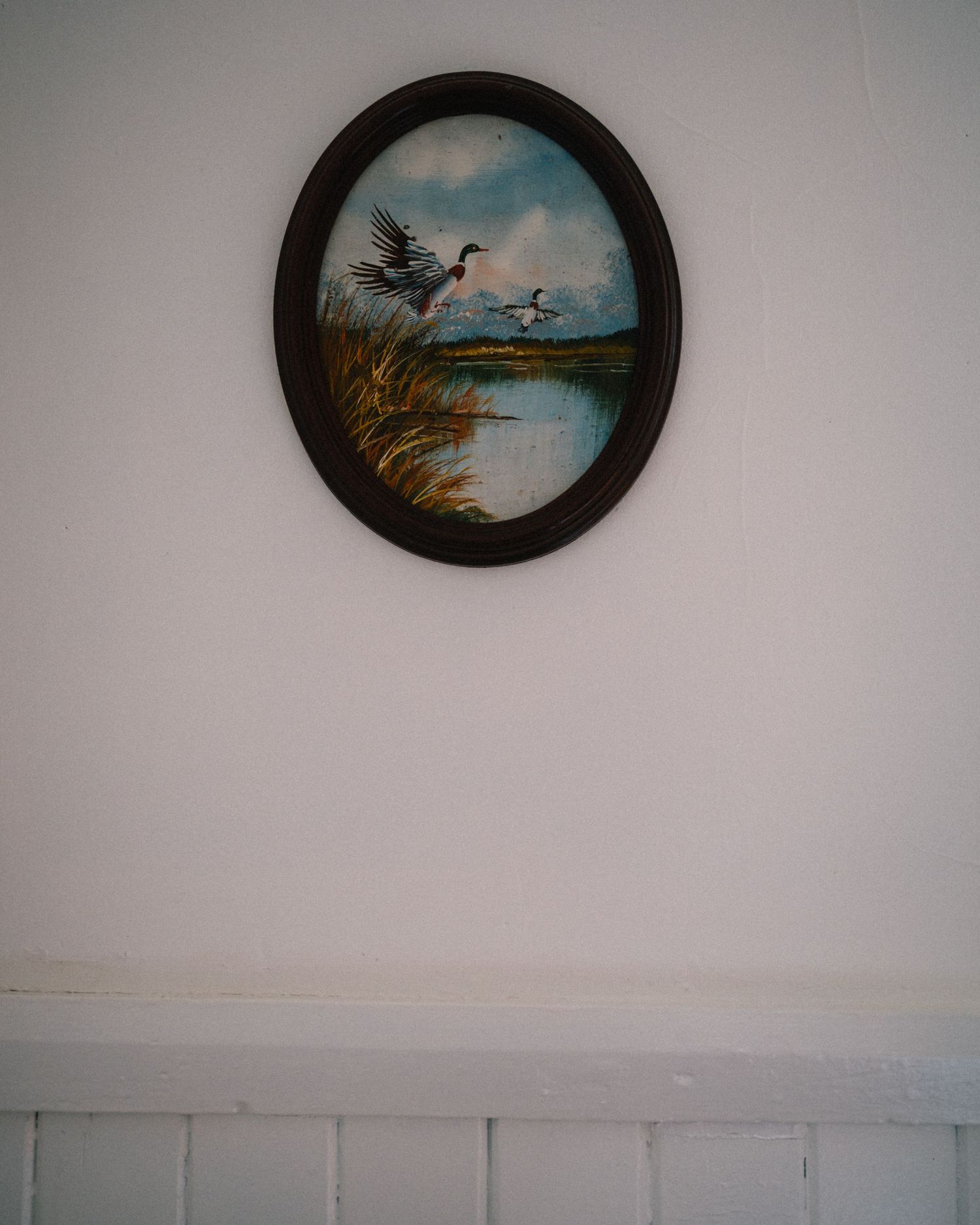 Oval framed painting of ducks flying over a marsh landscape hanging on a white wall.