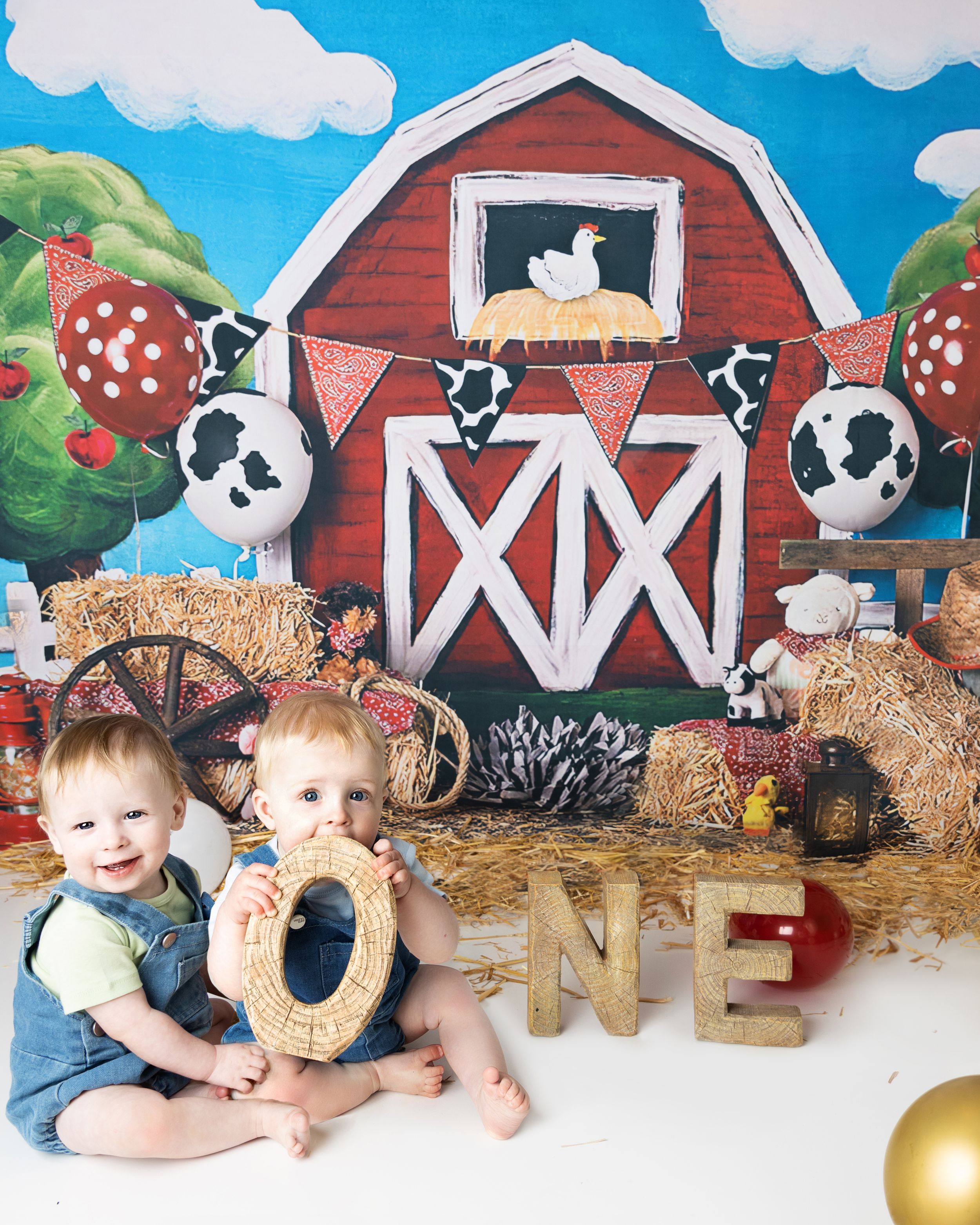Farm-themed photo backdrop with red barn, balloon cows, hay bales and rustic decor for a first birthday celebration.