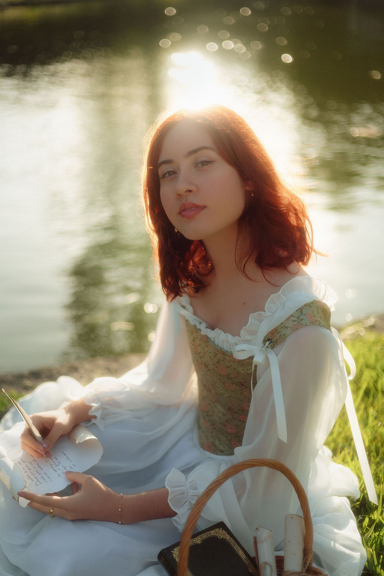 mulher escritora poeta de época com vestido e corset com pôr do sol contraluz junto a lago a escrever poemas fantasia