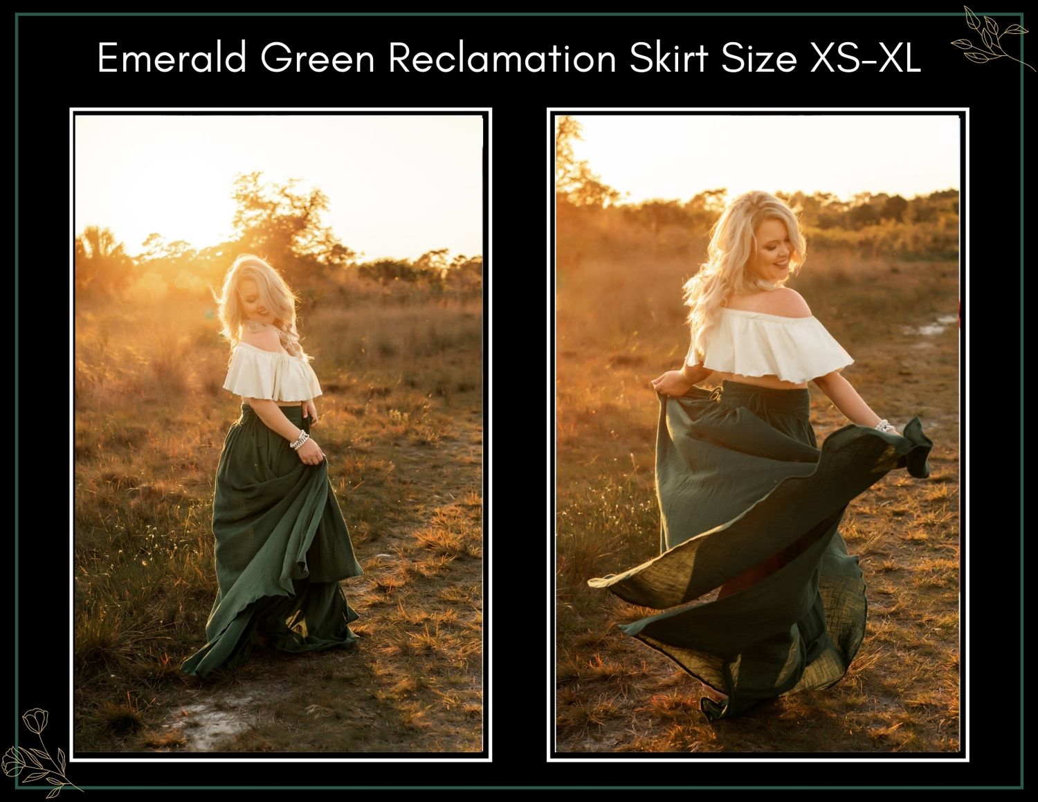 Woman in emerald green maxi skirt and white off-shoulder top twirling in golden sunset light outdoors.