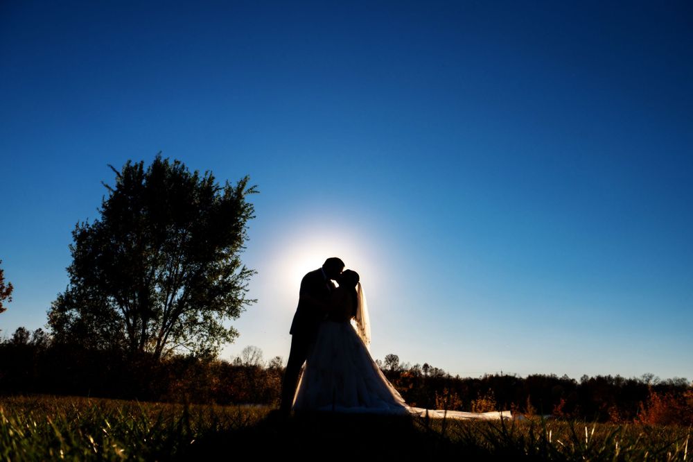 A silhouetted couple embraces against a bright blue sky during golden hour with trees in the background. Wedding Photographer, Lake Lyndsey