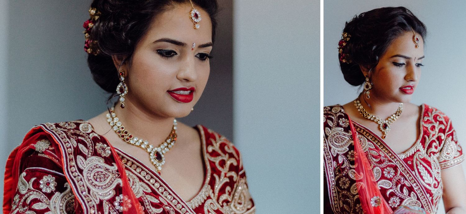Bridal portraits showing detailed red traditional Indian wedding attire and glamorous makeup.