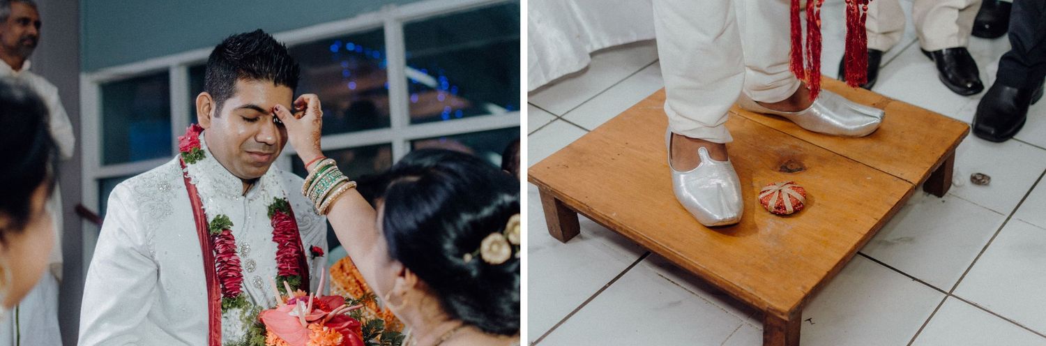 Split image showing ceremonial moments from an Indian wedding celebration.