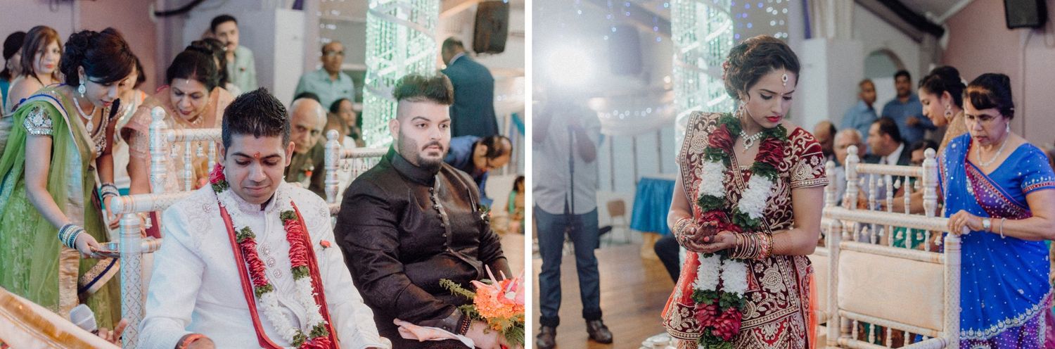 Collection of candid moments from Indian wedding with decorative blue lighting.