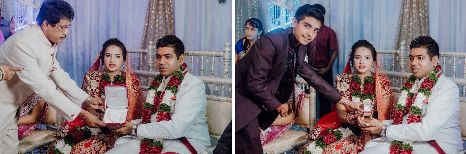 Wedding ceremony rituals captured in split frame showing traditional customs being performed.