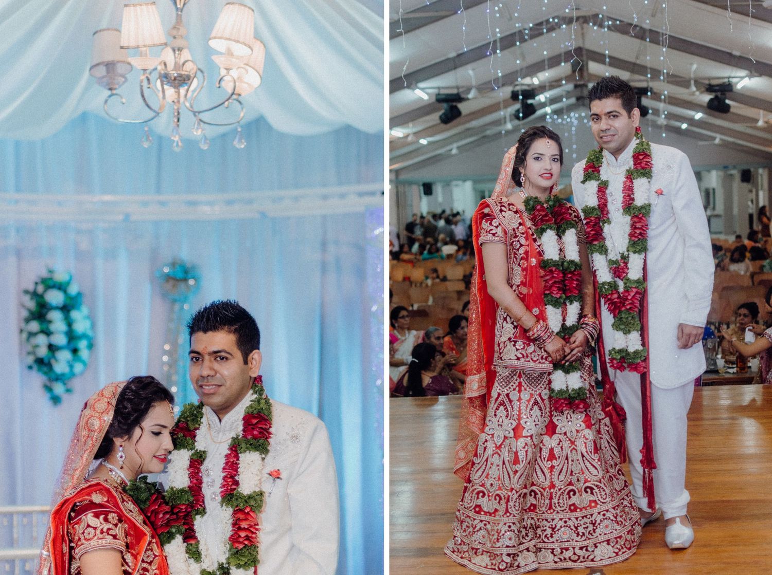 Two poses of a wedding couple in traditional Indian attire against different decorated backgrounds.