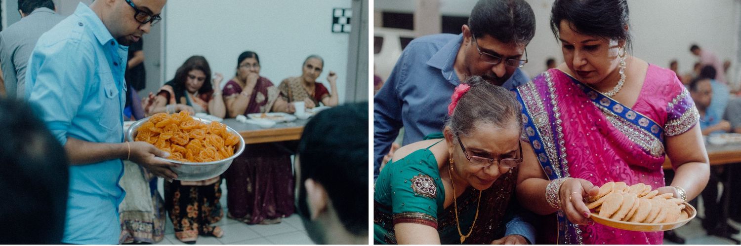 Guests enjoying food and refreshments at an Indian wedding celebration.