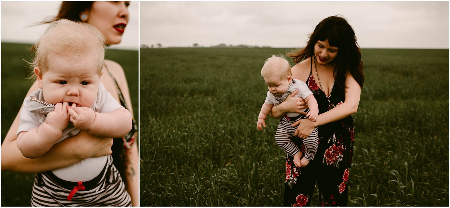 Side-by-side photos showing playful moments between adult and infant in a vast grassy field.