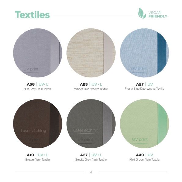 Color palette showing six textile swatches in neutral and pastel tones.