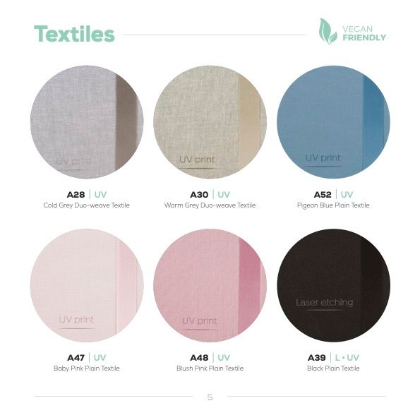 Color swatch display showing six fabric textile samples in gray, beige, blue, light pink, rose pink and black tones.