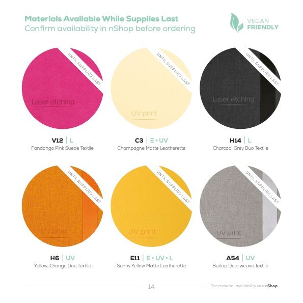 Material availability swatches showing six colors with corner tags in hot pink, cream, black, orange, yellow and gray.