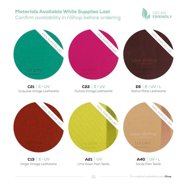 Available material swatches with corner markers in emerald, fuchsia, brown, rust, chartreuse and tan colors.
