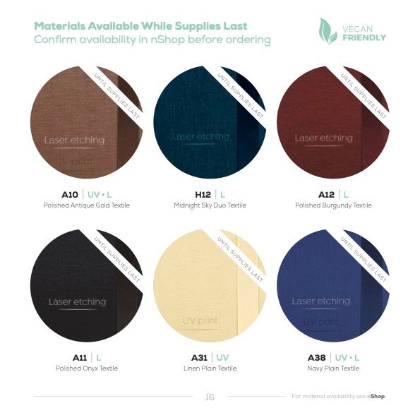 Color palette showing six different material swatches in brown, navy, black, and beige tones.